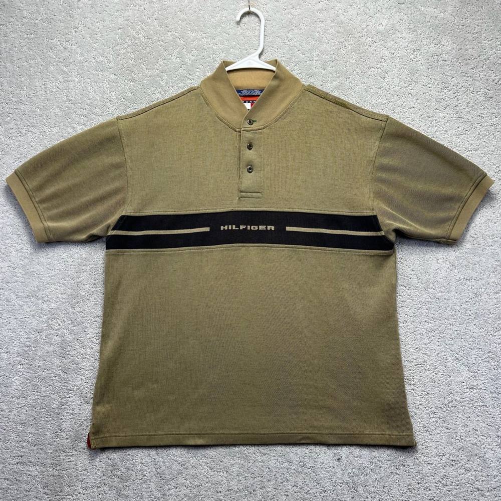 VINTAGE Tommy Hilfiger Polo Shirt Men Large Green Banded Logo Ribbed Knit Y2K